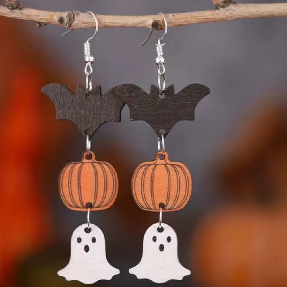 NEW Halloween Bat, Pumpkin and Ghost Wood Dangle Earrings